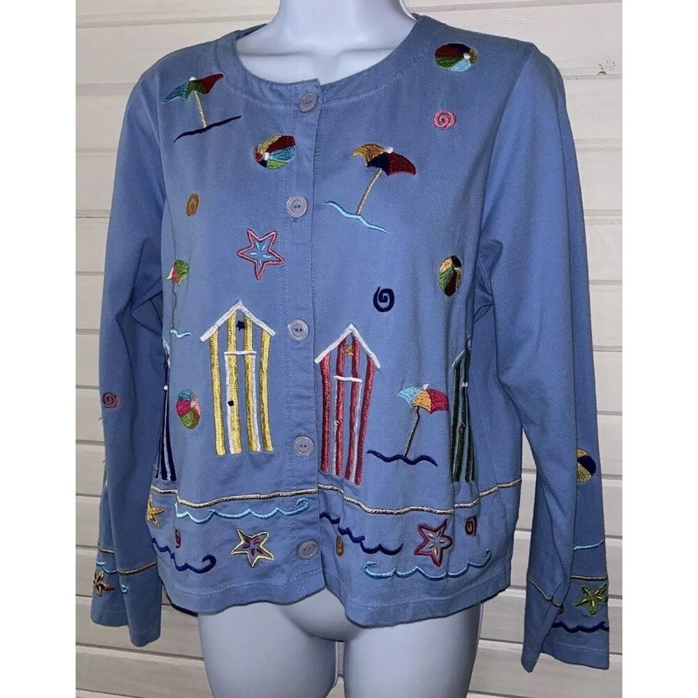 VTG Michael Simon Lite Sz MEDIUM Blue Beach Cardigan Cotton Cabanas Embroidered